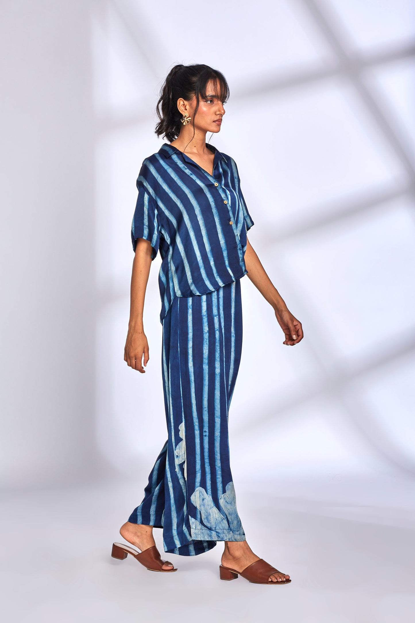 Blue Striped Printed Co-Ord Set by Hasttvam with Blue, Eden by Hasttvam, Floral, Fusion Wear, Indigo, Modal silk, Natural Dye, Printed Co-ord Sets, Relaxed Fit, Responsible production and Vegan, Vacation Co-ord Sets at Kamakhyaa for sustainable fashion