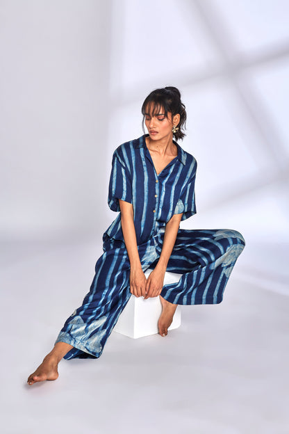 Blue Striped Printed Co-Ord Set by Hasttvam with Blue, Eden by Hasttvam, Floral, Fusion Wear, Indigo, Modal silk, Natural Dye, Printed Co-ord Sets, Relaxed Fit, Responsible production and Vegan, Vacation Co-ord Sets at Kamakhyaa for sustainable fashion