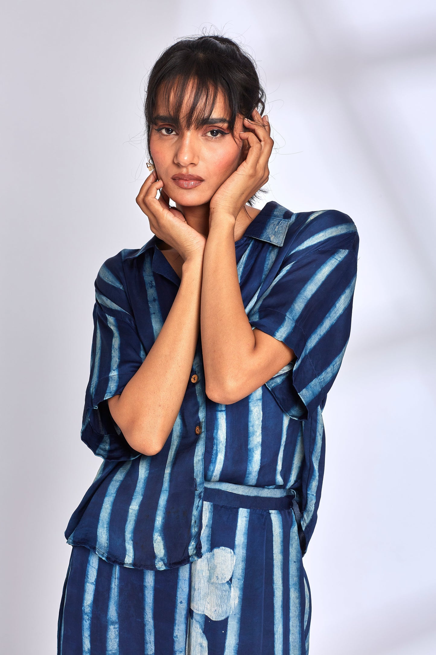 Blue Striped Printed Shirt by Hasttvam with Blue, Eden by Hasttvam, Floral, Fusion Wear, Handmade by Artisans, Independence Day USA, Indigo, Modal, Natural Dye, Relaxed Fit, Responsible production and Vegan, Shirt at Kamakhyaa for sustainable fashion