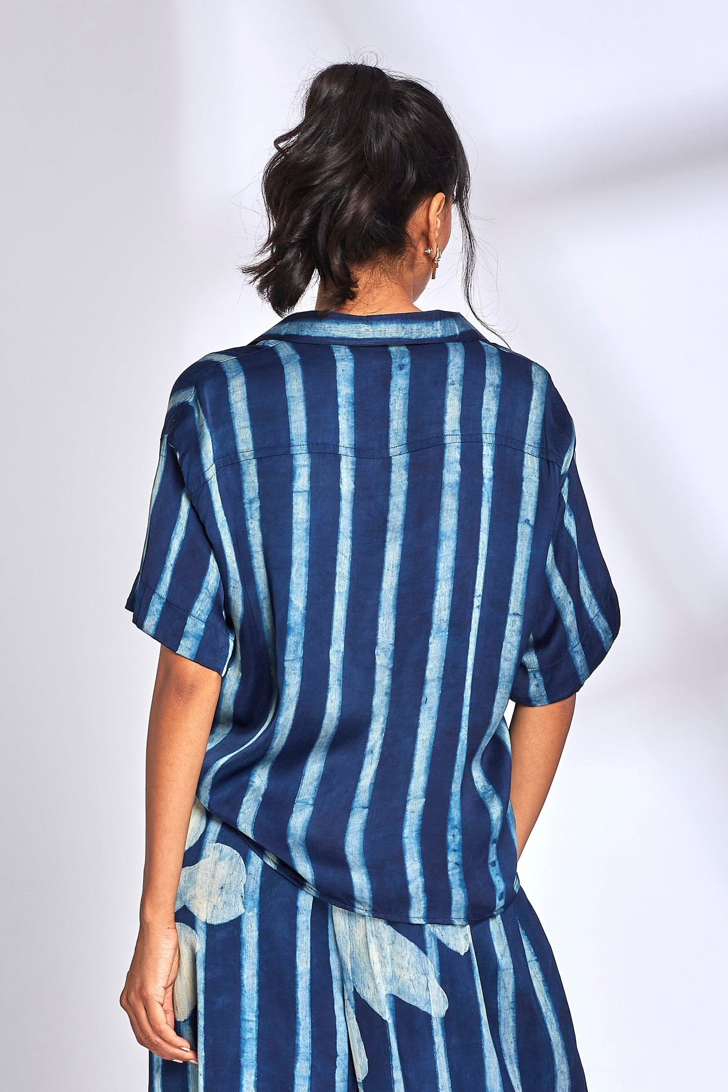 Blue Striped Printed Shirt by Hasttvam with Blue, Eden by Hasttvam, Floral, Fusion Wear, Handmade by Artisans, Independence Day USA, Indigo, Modal, Natural Dye, Relaxed Fit, Responsible production and Vegan, Shirt at Kamakhyaa for sustainable fashion