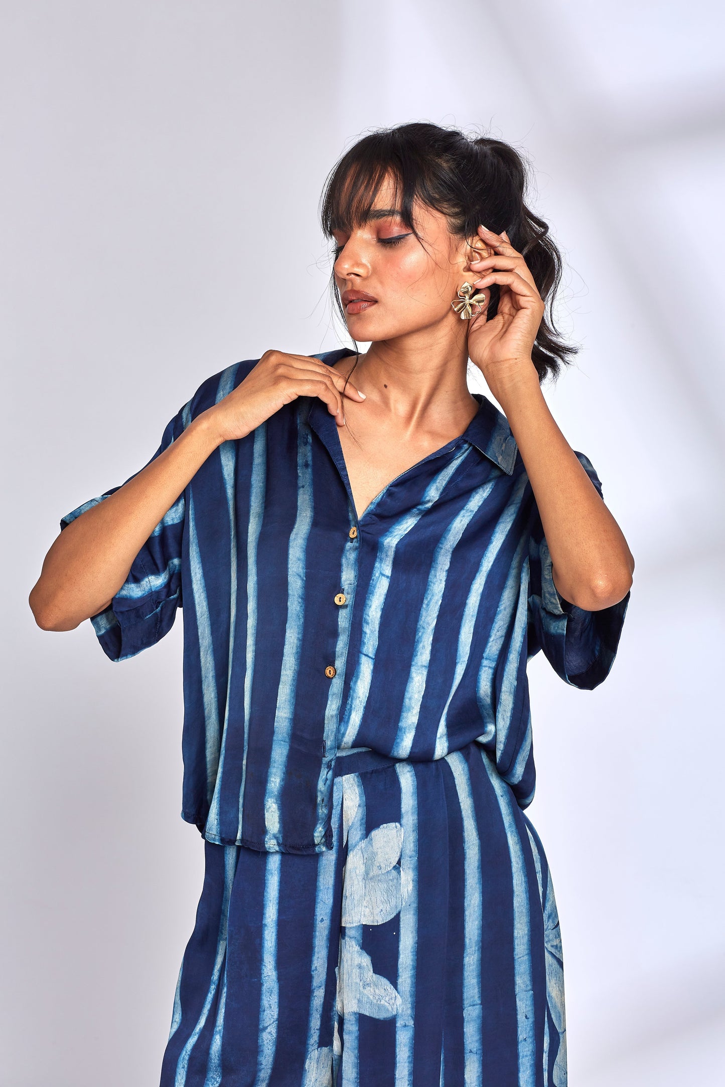 Blue Striped Printed Shirt by Hasttvam with Blue, Eden by Hasttvam, Floral, Fusion Wear, Handmade by Artisans, Independence Day USA, Indigo, Modal, Natural Dye, Relaxed Fit, Responsible production and Vegan, Shirt at Kamakhyaa for sustainable fashion