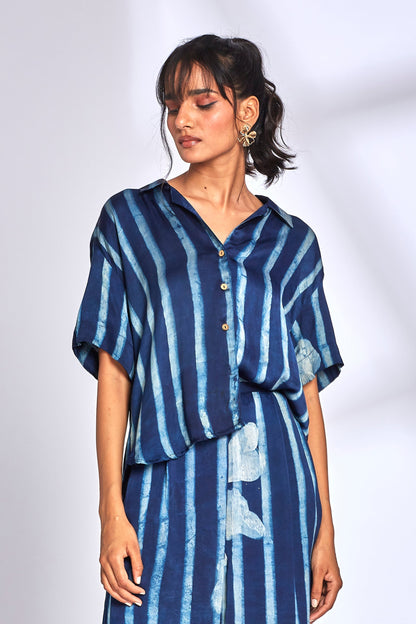 Blue Striped Printed Shirt by Hasttvam with Blue, Eden by Hasttvam, Floral, Fusion Wear, Handmade by Artisans, Independence Day USA, Indigo, Modal, Natural Dye, Relaxed Fit, Responsible production and Vegan, Shirt at Kamakhyaa for sustainable fashion