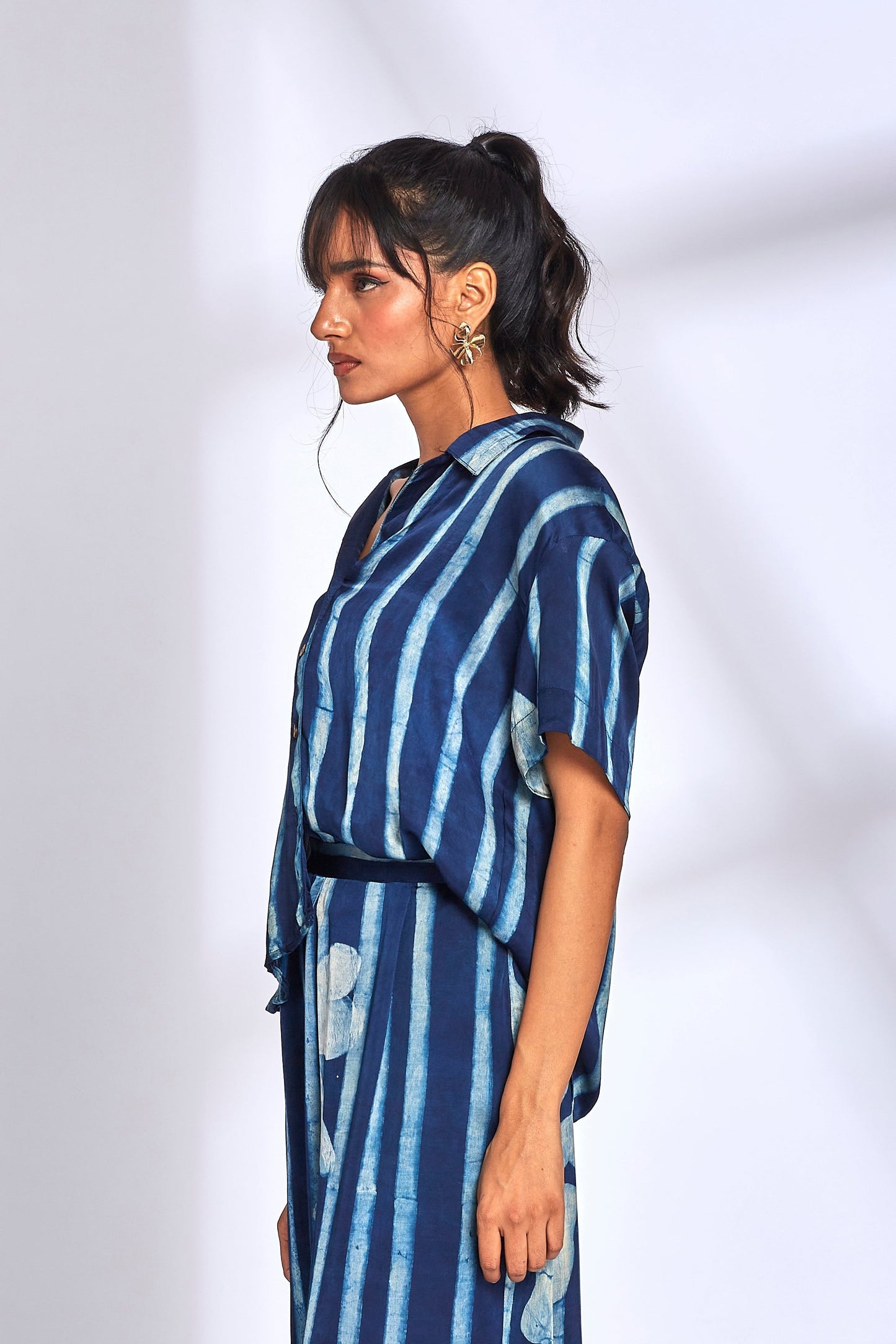 Blue Striped Printed Shirt by Hasttvam with Blue, Eden by Hasttvam, Floral, Fusion Wear, Handmade by Artisans, Independence Day USA, Indigo, Modal, Natural Dye, Relaxed Fit, Responsible production and Vegan, Shirt at Kamakhyaa for sustainable fashion