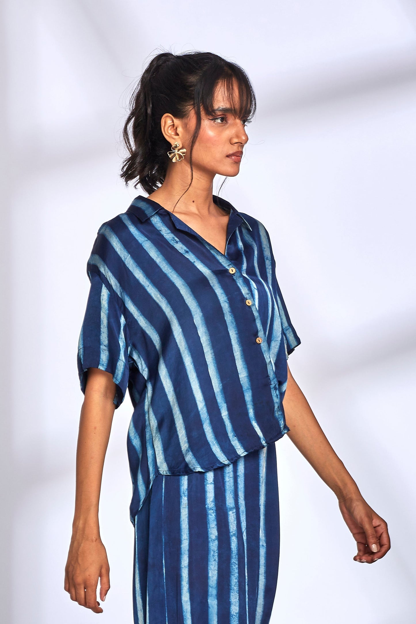 Blue Striped Printed Shirt by Hasttvam with Blue, Eden by Hasttvam, Floral, Fusion Wear, Handmade by Artisans, Independence Day USA, Indigo, Modal, Natural Dye, Relaxed Fit, Responsible production and Vegan, Shirt at Kamakhyaa for sustainable fashion