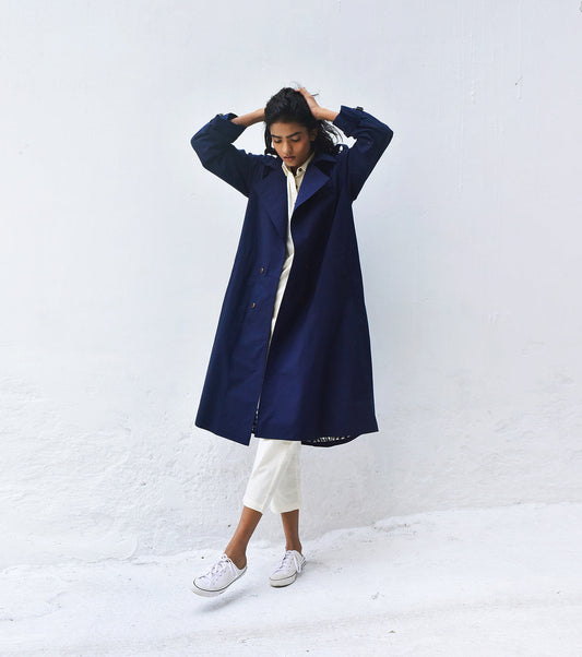Blue Trench Coat by Khara Kapas with Blue, Casual Wear, Organic, Poplin, Relaxed Fit, Solids, Trench Coats, Trench Coats by Khara Kapas, Womenswear at Kamakhyaa for sustainable fashion