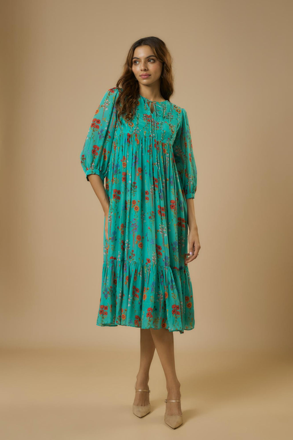 Crepe Blue Floral Midi Dress by Ewoke with Bemberg, bemberg dress, Crepe, festive dress, FESTIVE DRESSES WOMEN, long dress, Nostalgia's Thread by Ewoke, party dress at Kamakhyaa for sustainable fashion