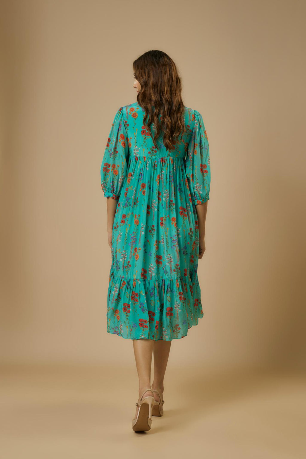 Crepe Blue Floral Midi Dress by Ewoke with Bemberg, bemberg dress, Crepe, festive dress, FESTIVE DRESSES WOMEN, long dress, Nostalgia's Thread by Ewoke, party dress at Kamakhyaa for sustainable fashion