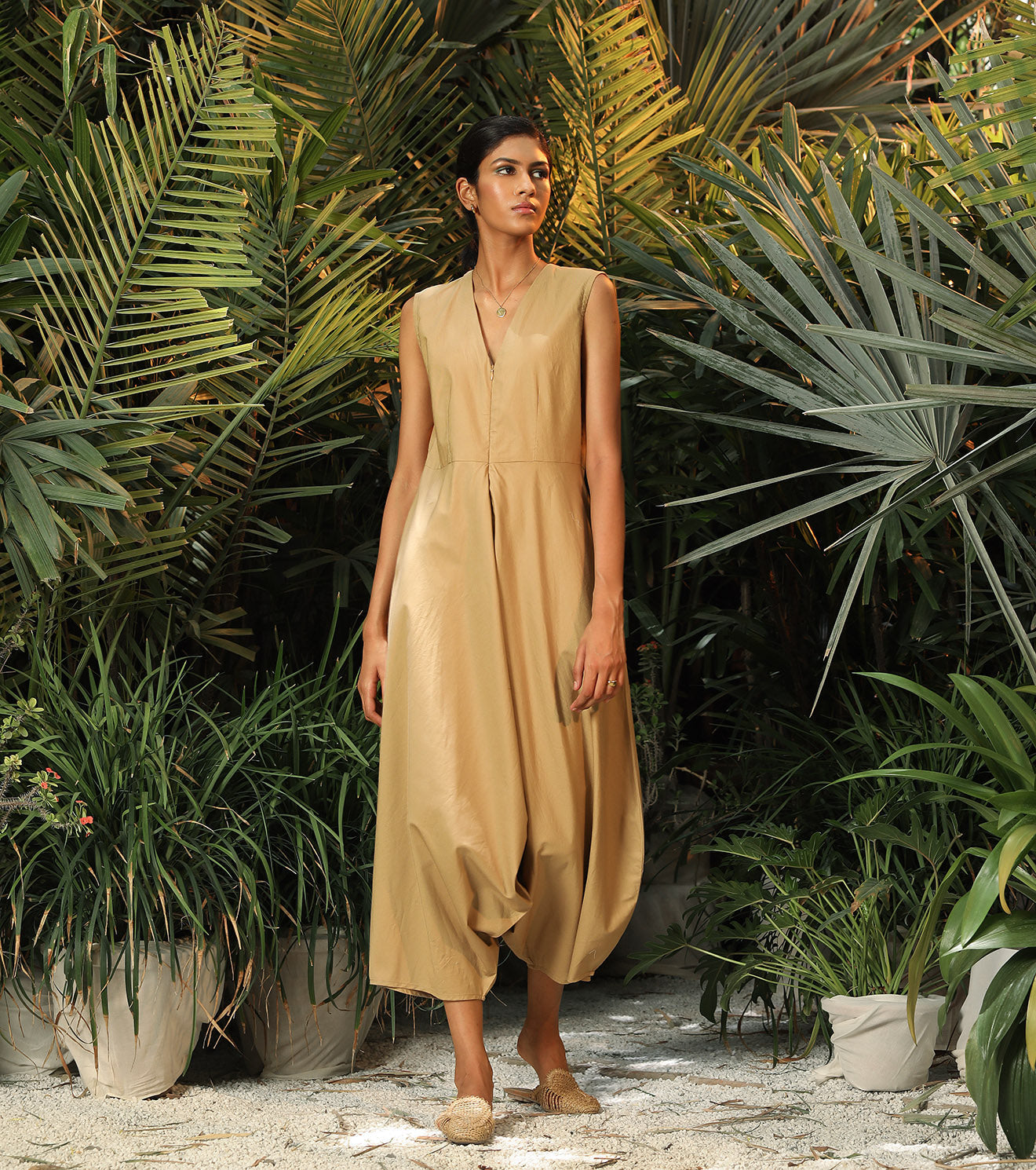 Brown Jumpsuit by Khara Kapas with Another Day In Paradise by Khara Kapas, Brown, fall, FB ADS JUNE, Jumpsuits, Lost In Paradise by Khara Kapas, Natural, Poplin, Regular Fit, Resort Wear, Solids, Womenswear at Kamakhyaa for sustainable fashion