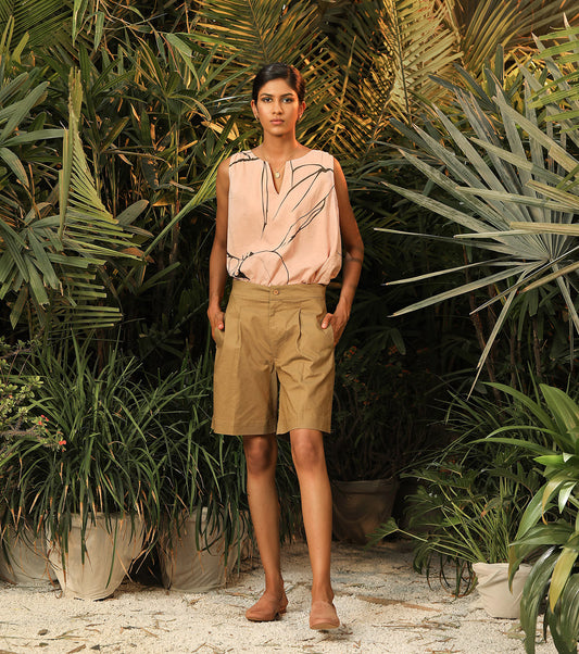 Brown Shorts by Khara Kapas with Another Day In Paradise by Khara Kapas, Brown, Cotton, Cotton Canvas Lycra, fall, Natural, Regular Fit, Resort Wear, Shorts, Solids, Womenswear at Kamakhyaa for sustainable fashion