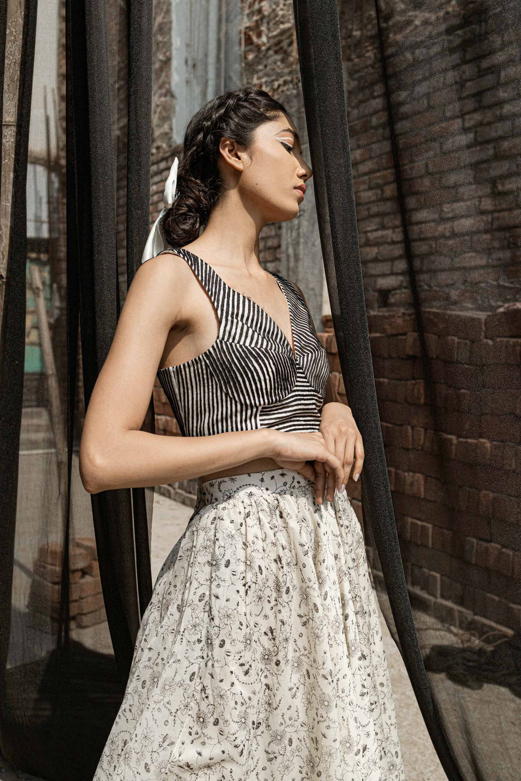 Chanderi Bustier Top by Ahmev with Best Selling, Bustier Tops, Casual Wear, Chanderi, Ink And Ivory by Ahmev, Prints, Regular Fit, White, Womenswear at Kamakhyaa for sustainable fashion