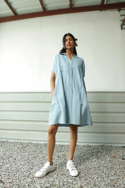 Blue Denim Mini Dress by Canoopi with Blue, Canoopi, Casual Wear, Cotton, Denim, Dresses, Natural, Regular Fit, Shirt Dresses, Solids, Womenswear at Kamakhyaa for sustainable fashion