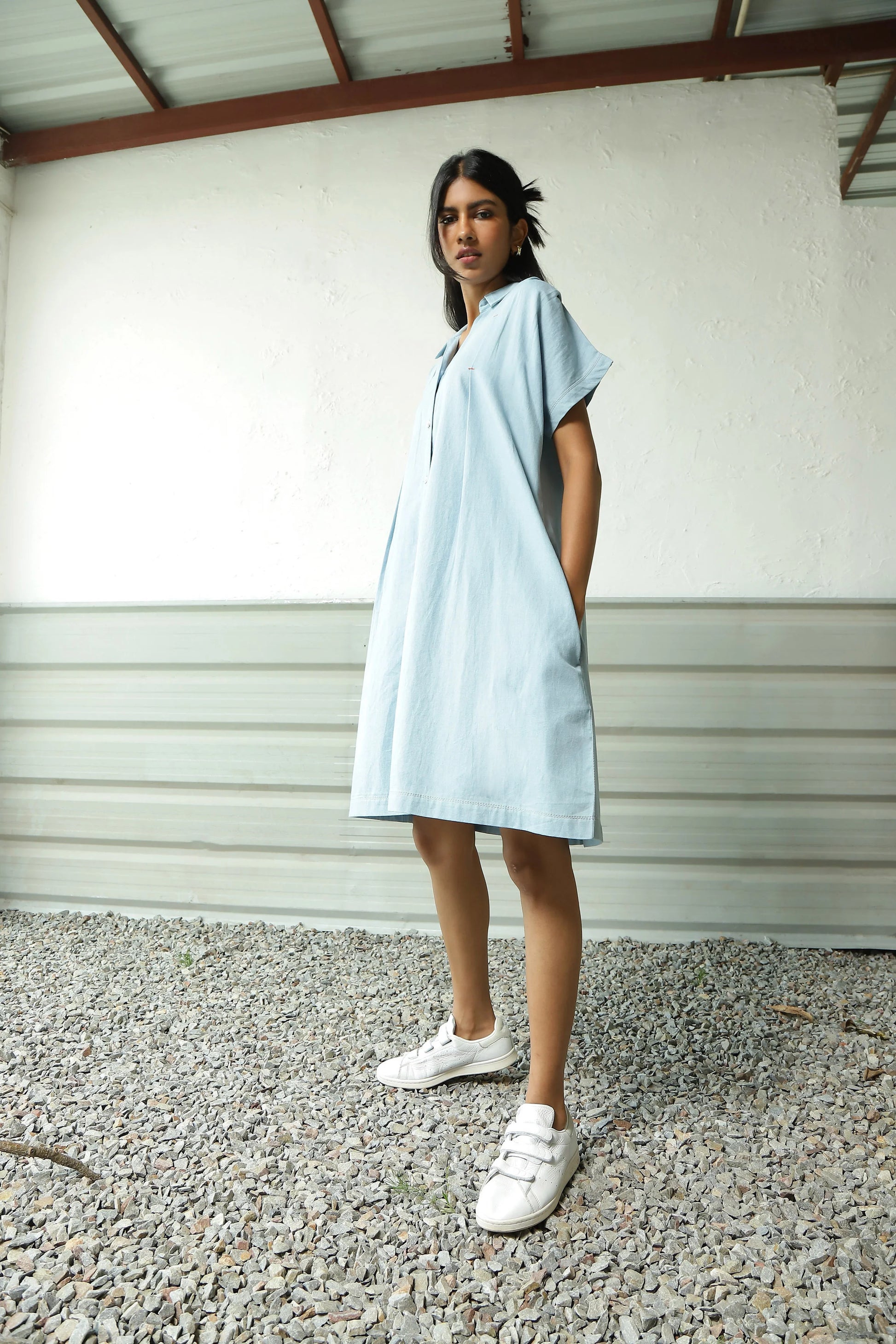 Blue Denim Mini Dress by Canoopi with Blue, Canoopi, Casual Wear, Cotton, Denim, Dresses, Natural, Regular Fit, Shirt Dresses, Solids, Womenswear at Kamakhyaa for sustainable fashion