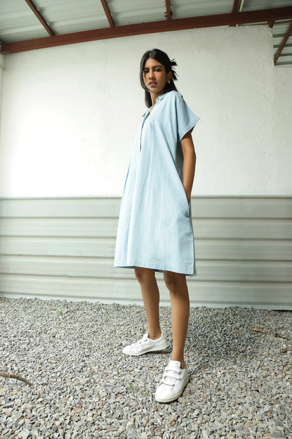 Blue Denim Mini Dress by Canoopi with Blue, Canoopi, Casual Wear, Cotton, Denim, Dresses, Natural, Regular Fit, Shirt Dresses, Solids, Womenswear at Kamakhyaa for sustainable fashion