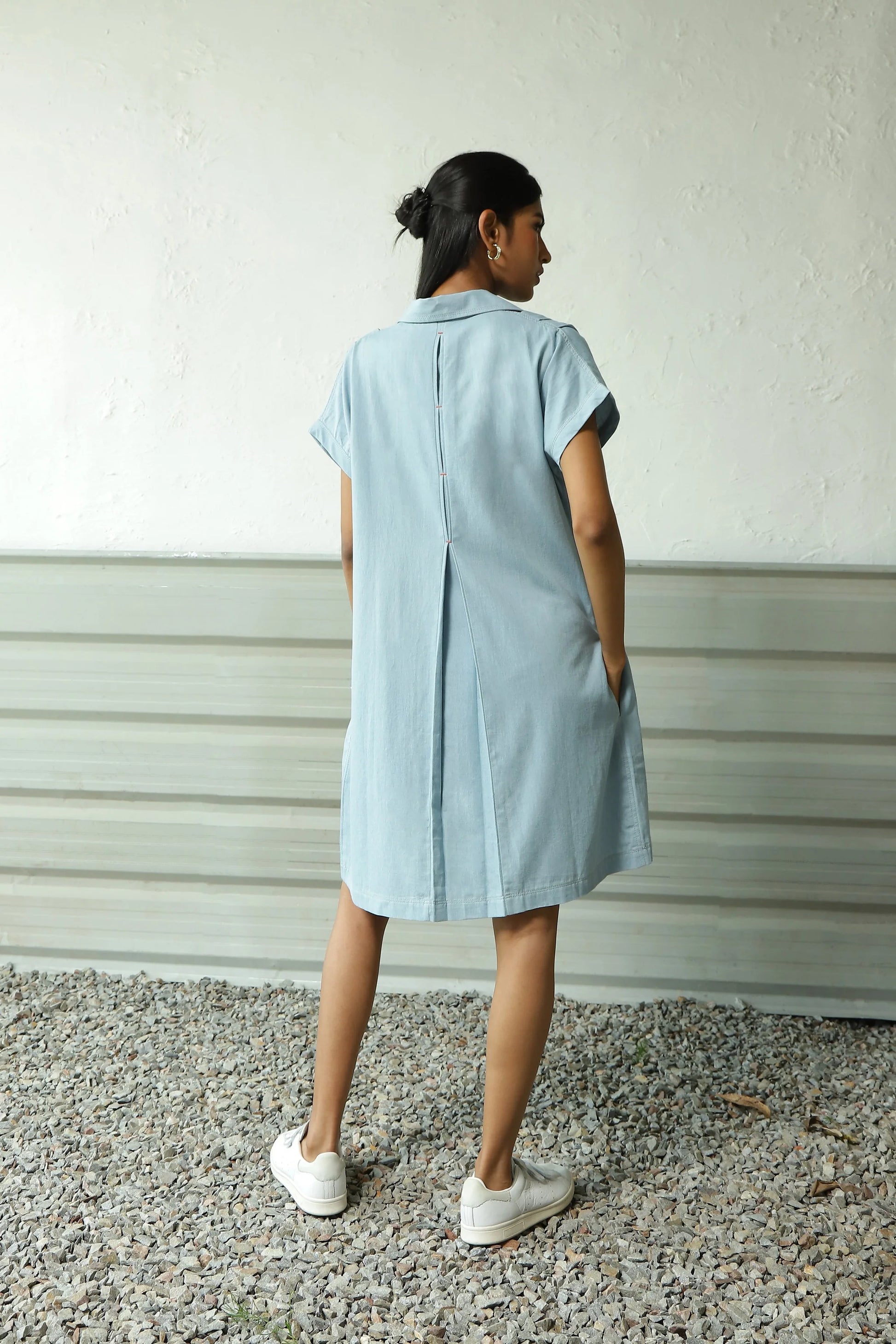 Blue Denim Mini Dress by Canoopi with Blue, Canoopi, Casual Wear, Cotton, Denim, Dresses, Natural, Regular Fit, Shirt Dresses, Solids, Womenswear at Kamakhyaa for sustainable fashion