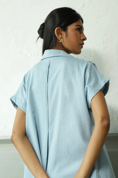 Blue Denim Mini Dress by Canoopi with Blue, Canoopi, Casual Wear, Cotton, Denim, Dresses, Natural, Regular Fit, Shirt Dresses, Solids, Womenswear at Kamakhyaa for sustainable fashion