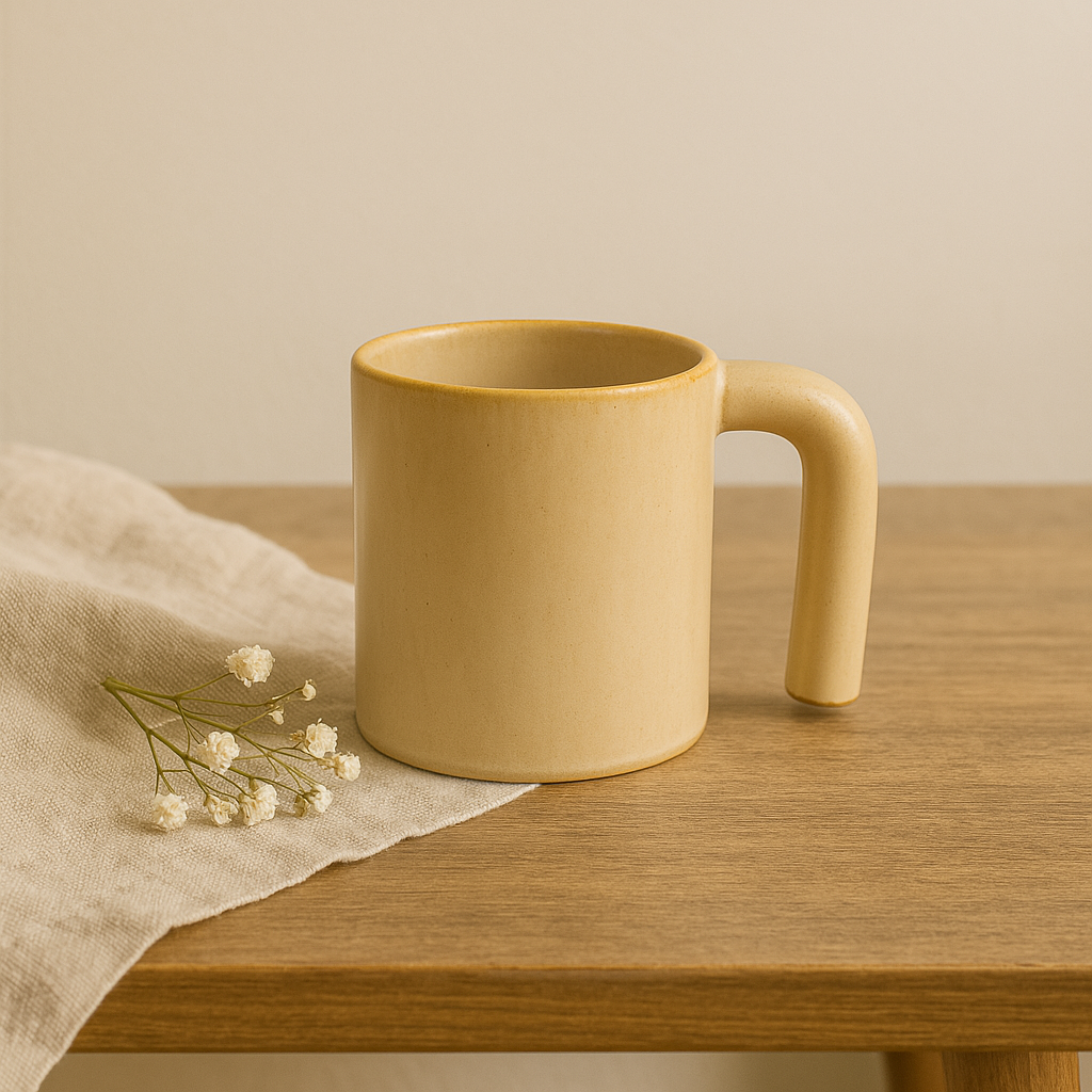 Modern Soleil Mug – Warm Ochre Stoneware with Sculptural Handle by Aetherea World with at Kamakhyaa for sustainable fashion