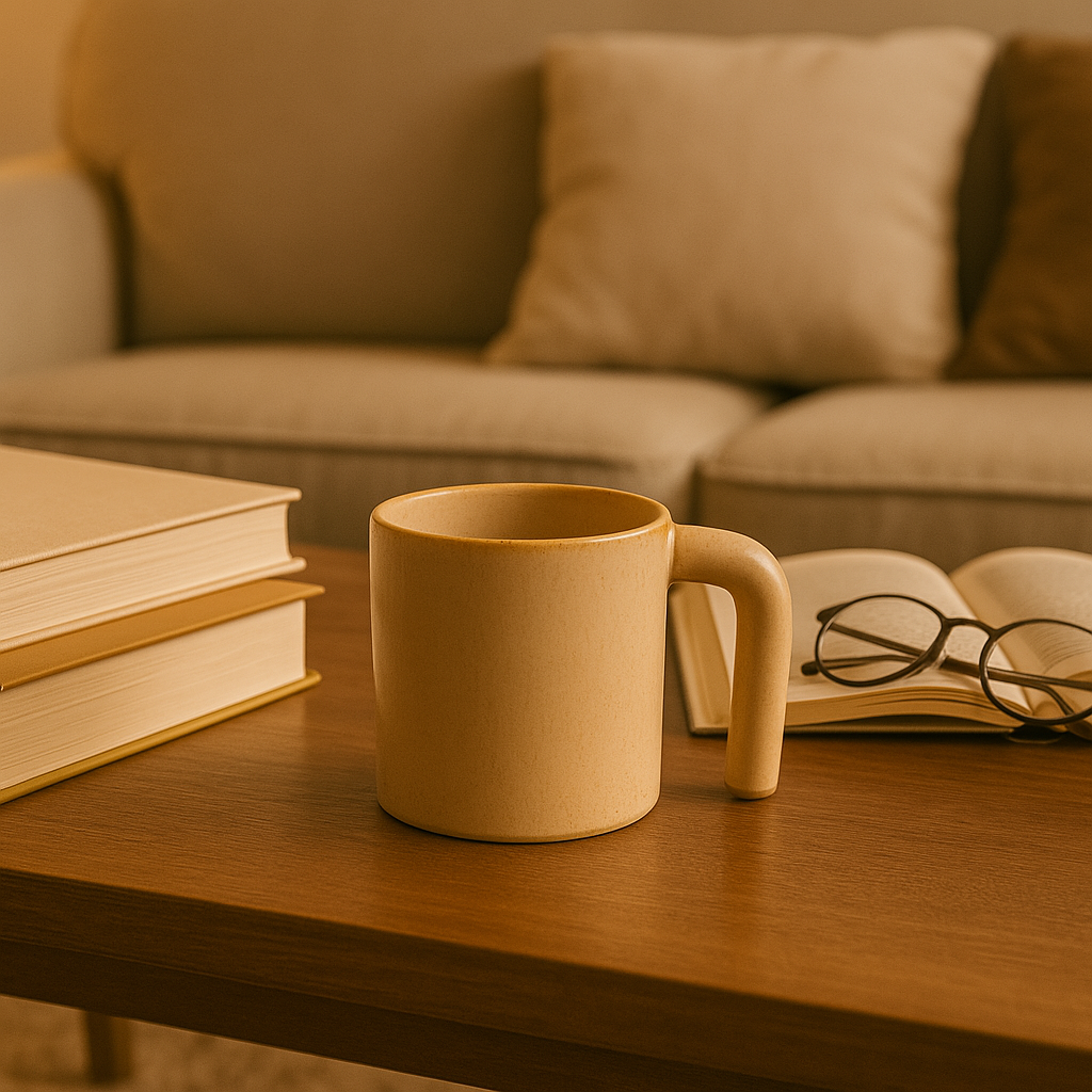 Modern Soleil Mug – Warm Ochre Stoneware with Sculptural Handle by Aetherea World with at Kamakhyaa for sustainable fashion