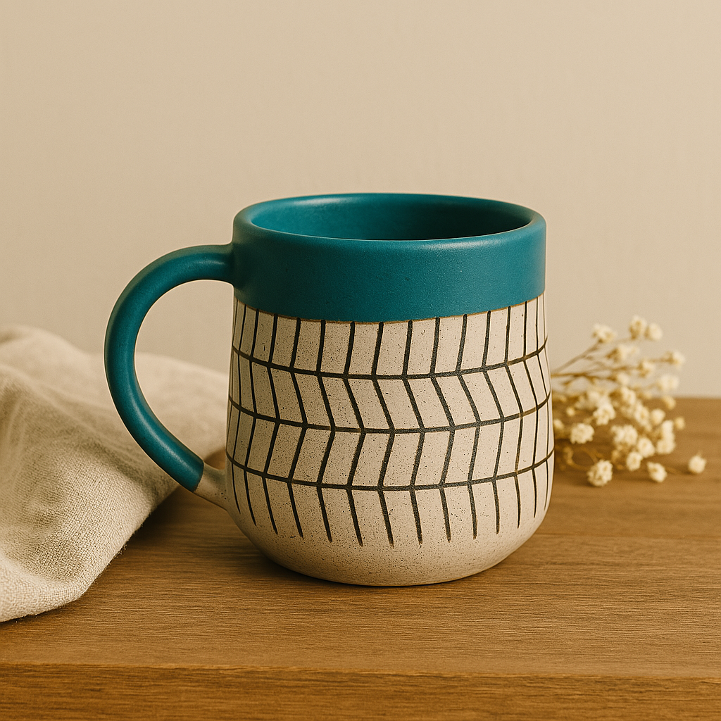 Sierra Stone Ceramic Mugs - Handcrafted Matte Glaze with Teal Rim by Aetherea World with at Kamakhyaa for sustainable fashion