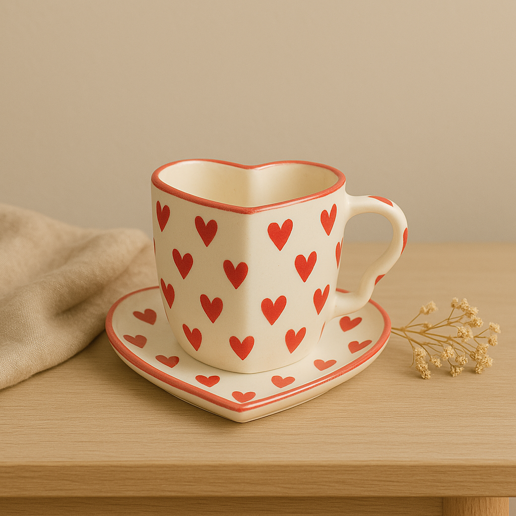 Handmade Love Notes Mug & Dish Set – Heart-Shaped Ceramic Gift Duo by Aetherea World with at Kamakhyaa for sustainable fashion