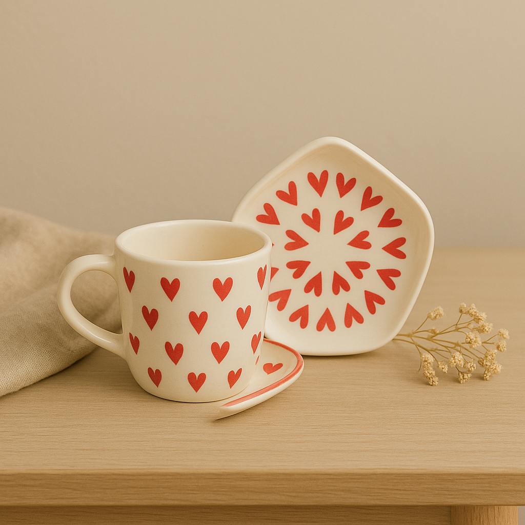 Love Brew – Handcrafted Ceramic Mug & Plate Set by Aetherea World with at Kamakhyaa for sustainable fashion