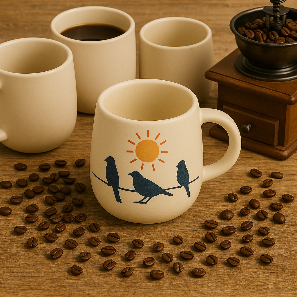 Golden Dawn Mug – Handcrafted Ceramic Mug with Sun & Birds on a Wire Illustration by Aetherea World with at Kamakhyaa for sustainable fashion