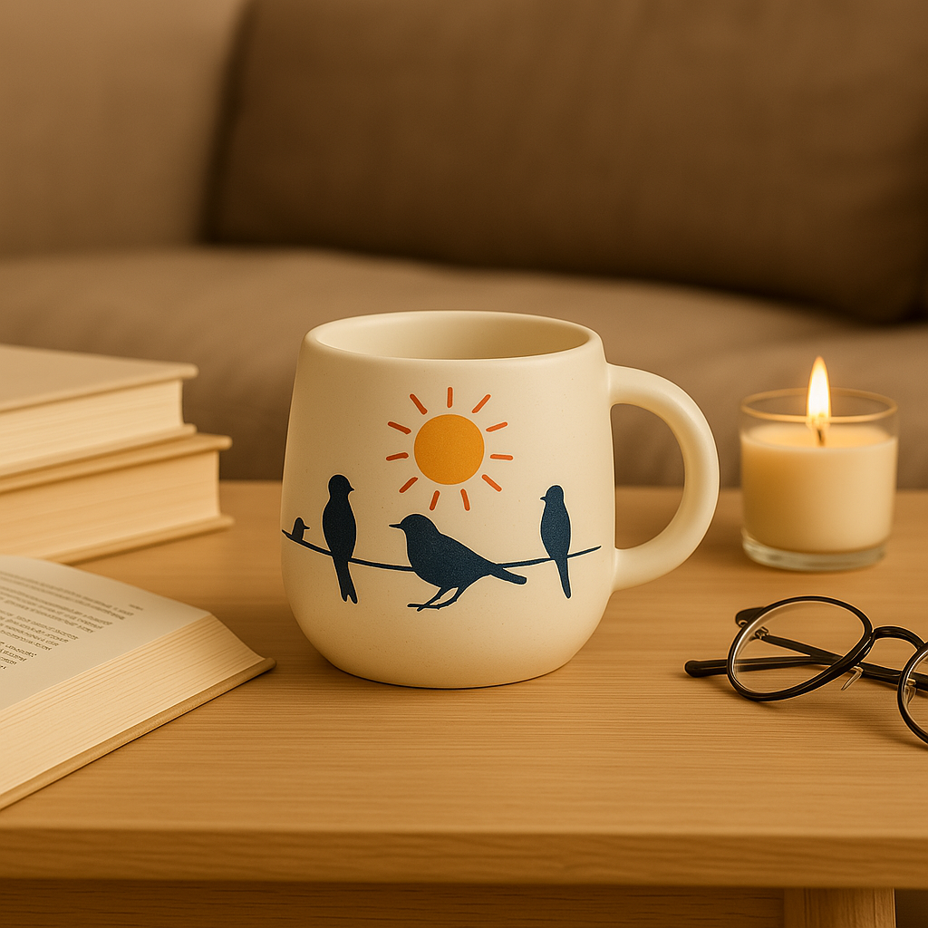 Golden Dawn Mug – Handcrafted Ceramic Mug with Sun & Birds on a Wire Illustration by Aetherea World with at Kamakhyaa for sustainable fashion