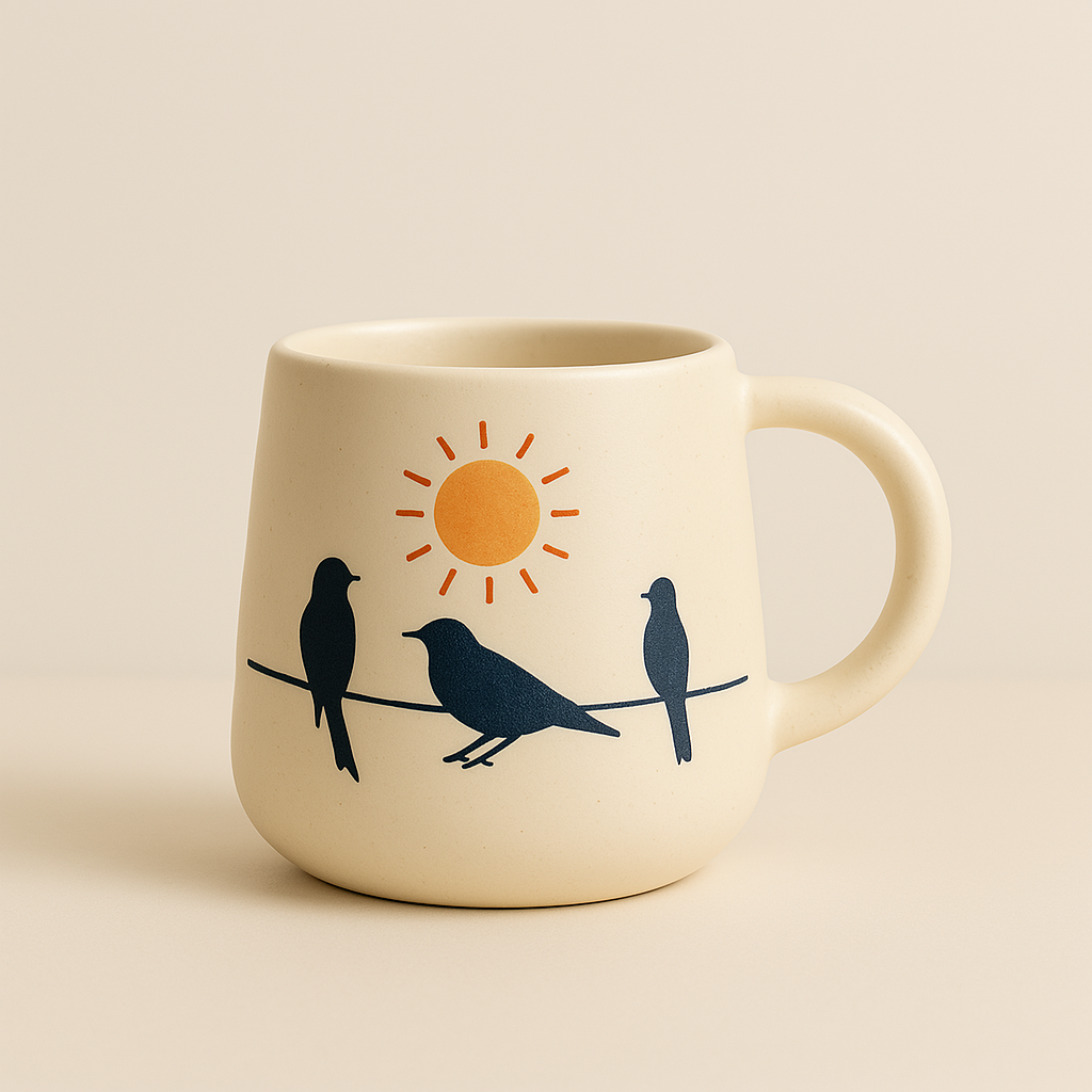 Golden Dawn Mug – Handcrafted Ceramic Mug with Sun & Birds on a Wire Illustration by Aetherea World with at Kamakhyaa for sustainable fashion