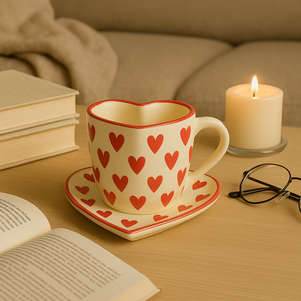 Handmade Love Notes Mug & Dish Set – Heart-Shaped Ceramic Gift Duo by Aetherea World with at Kamakhyaa for sustainable fashion