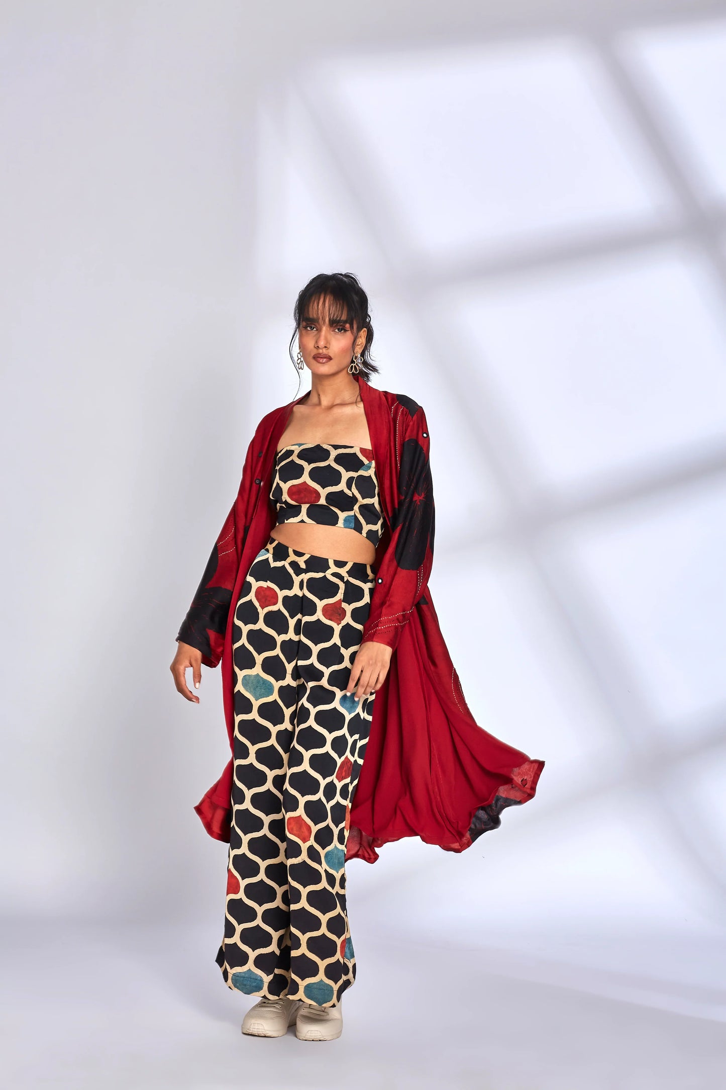 Co-Ord Set With Printed Red Jacket by Hasttvam with Black, Designer Event, Eden by Hasttvam, Floral, Fusion Wear, Handmade by Artisans, Modal silk, Natural Dye, Printed Co-ord Sets, Relaxed Fit, Responsible production and Vegan at Kamakhyaa for sustainable fashion