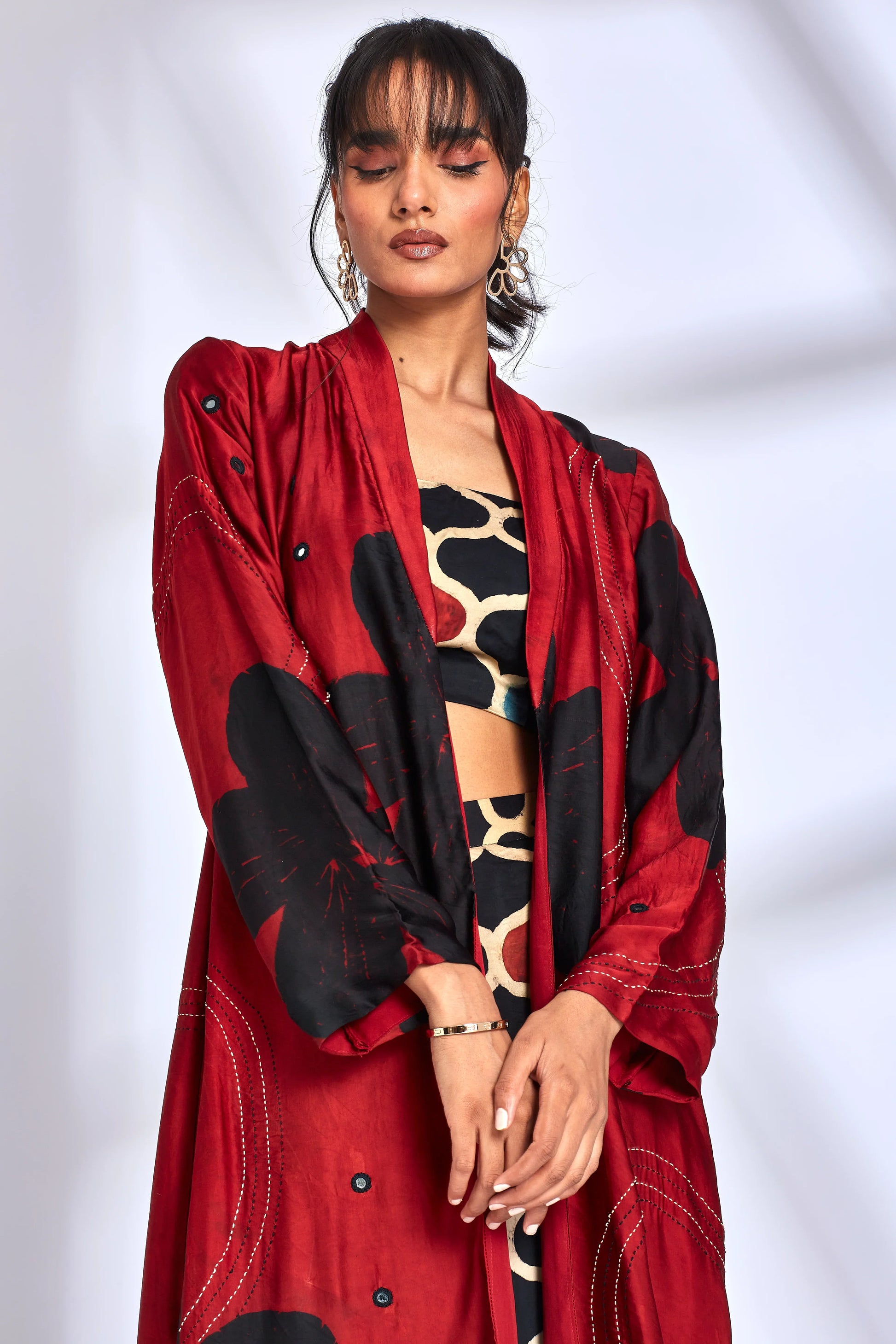 Co-Ord Set With Printed Red Jacket by Hasttvam with Black, Designer Event, Eden by Hasttvam, Floral, Fusion Wear, Handmade by Artisans, Modal silk, Natural Dye, Printed Co-ord Sets, Relaxed Fit, Responsible production and Vegan at Kamakhyaa for sustainable fashion