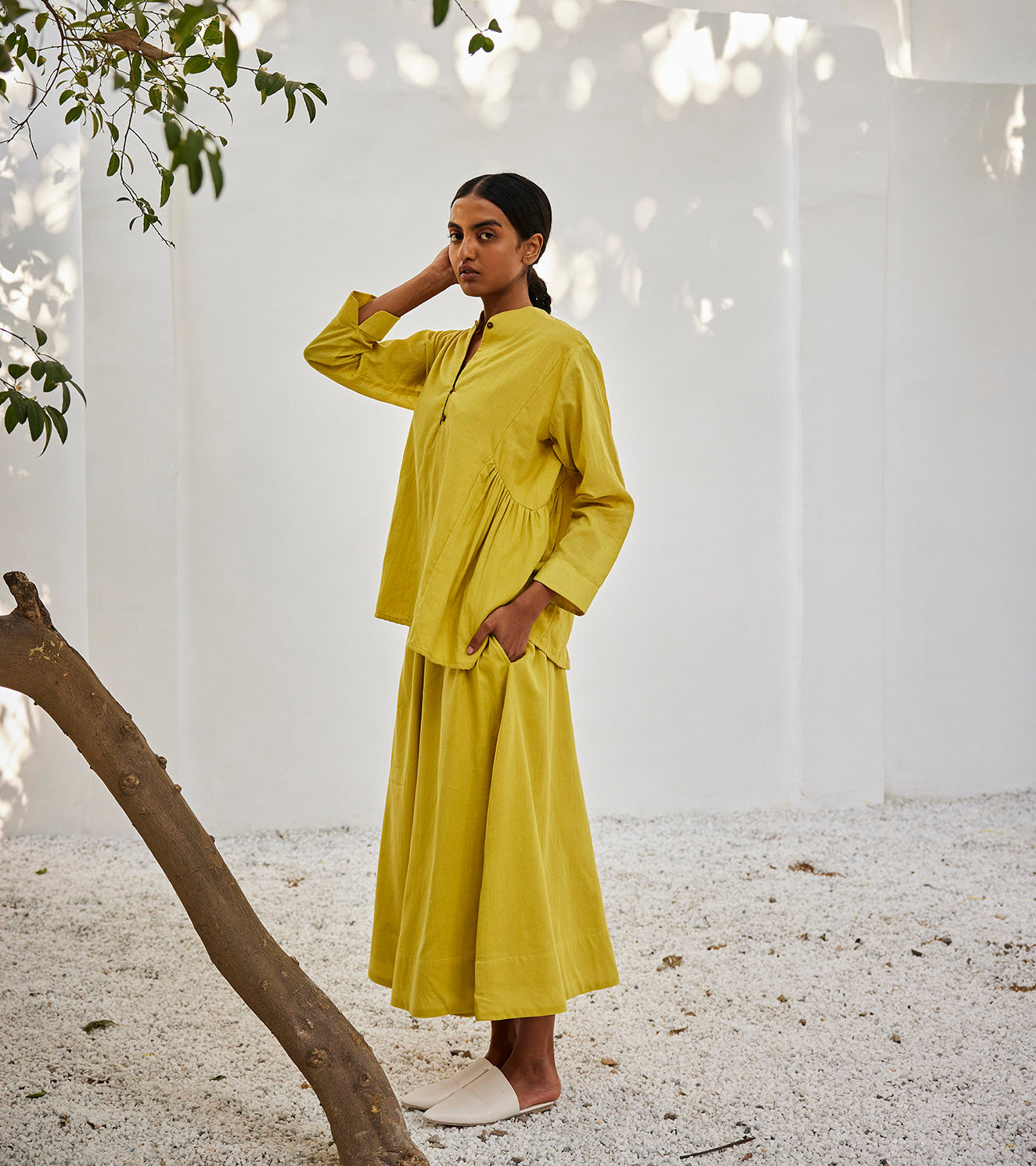 Corn Co-ord Set by Khara Kapas with Casual Wear, Co-ord Sets, Lounge Wear Co-ords, Mul Cotton, Oh Susanna by Khara Kapas, Organic, Relaxed Fit, Solids, Travel Co-ords, Womenswear, Yellow at Kamakhyaa for sustainable fashion