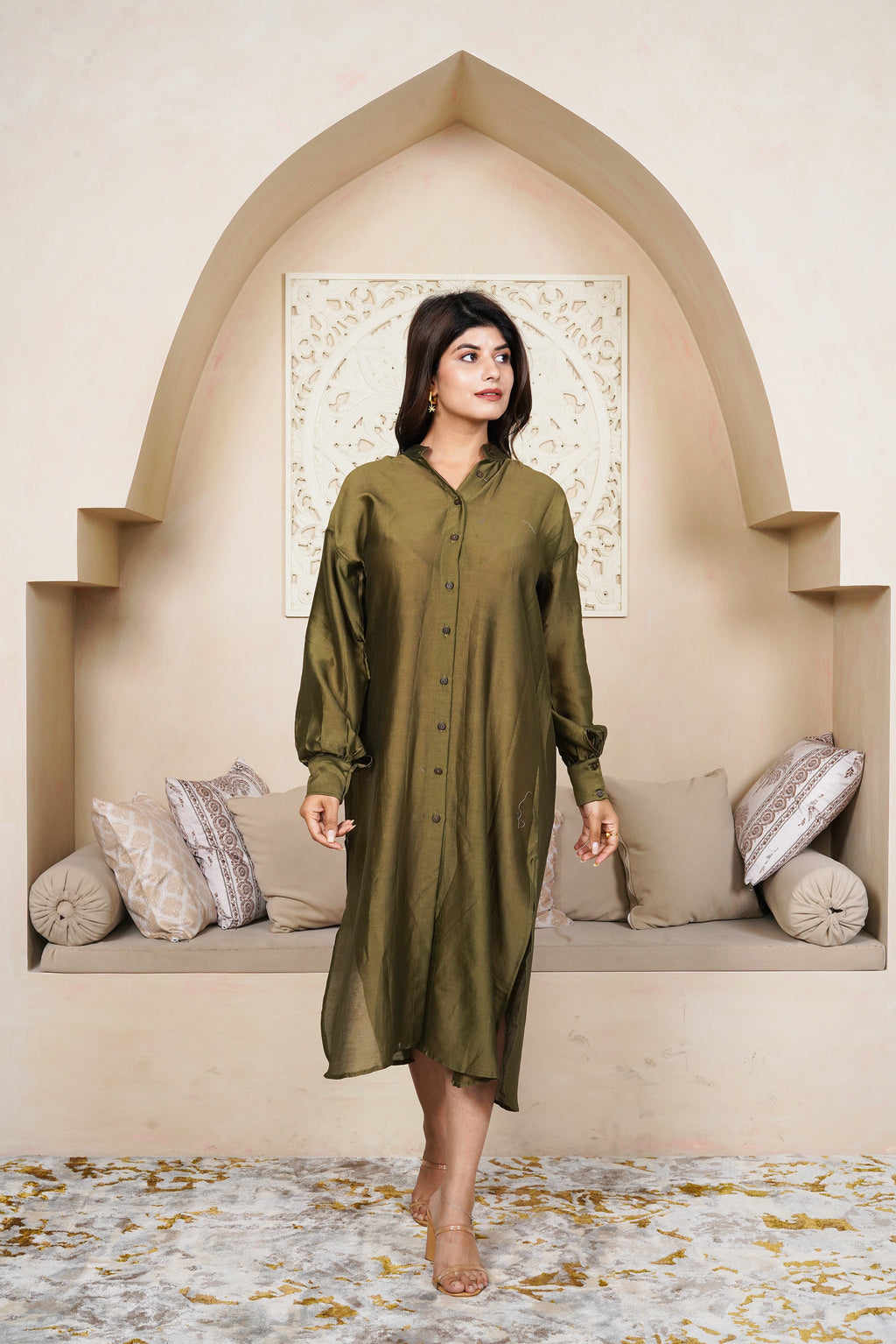 Olive Shirt Dress by Taro India with Imrie at Kamakhyaa for sustainable fashion