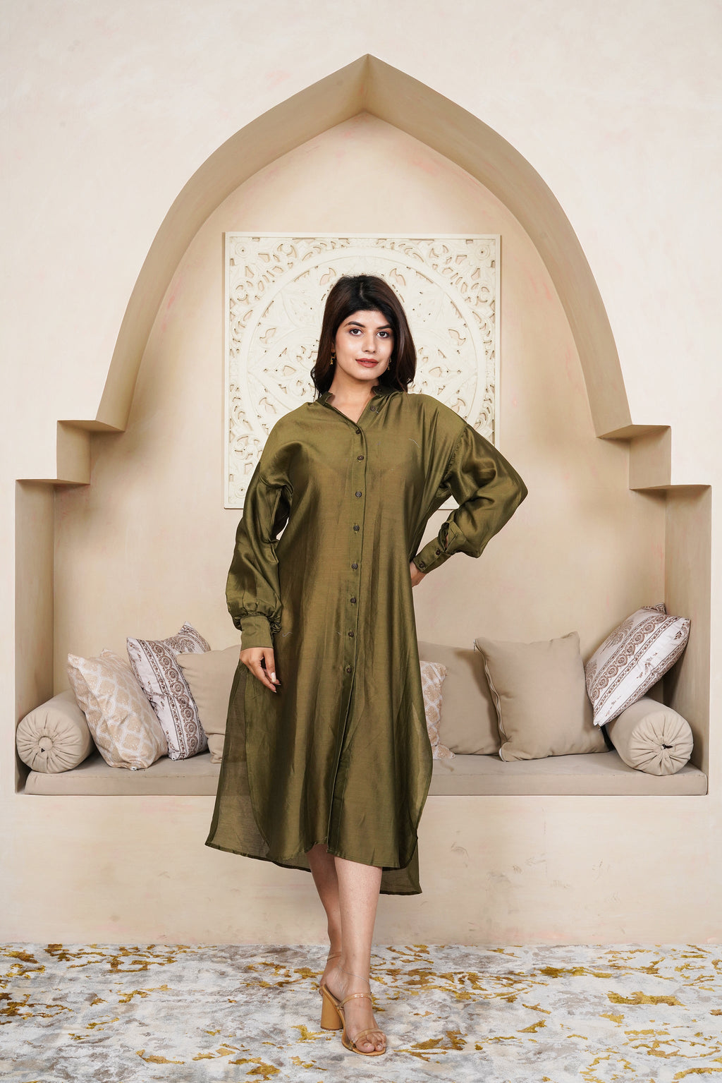 Olive Shirt Dress by Taro India with Imrie at Kamakhyaa for sustainable fashion