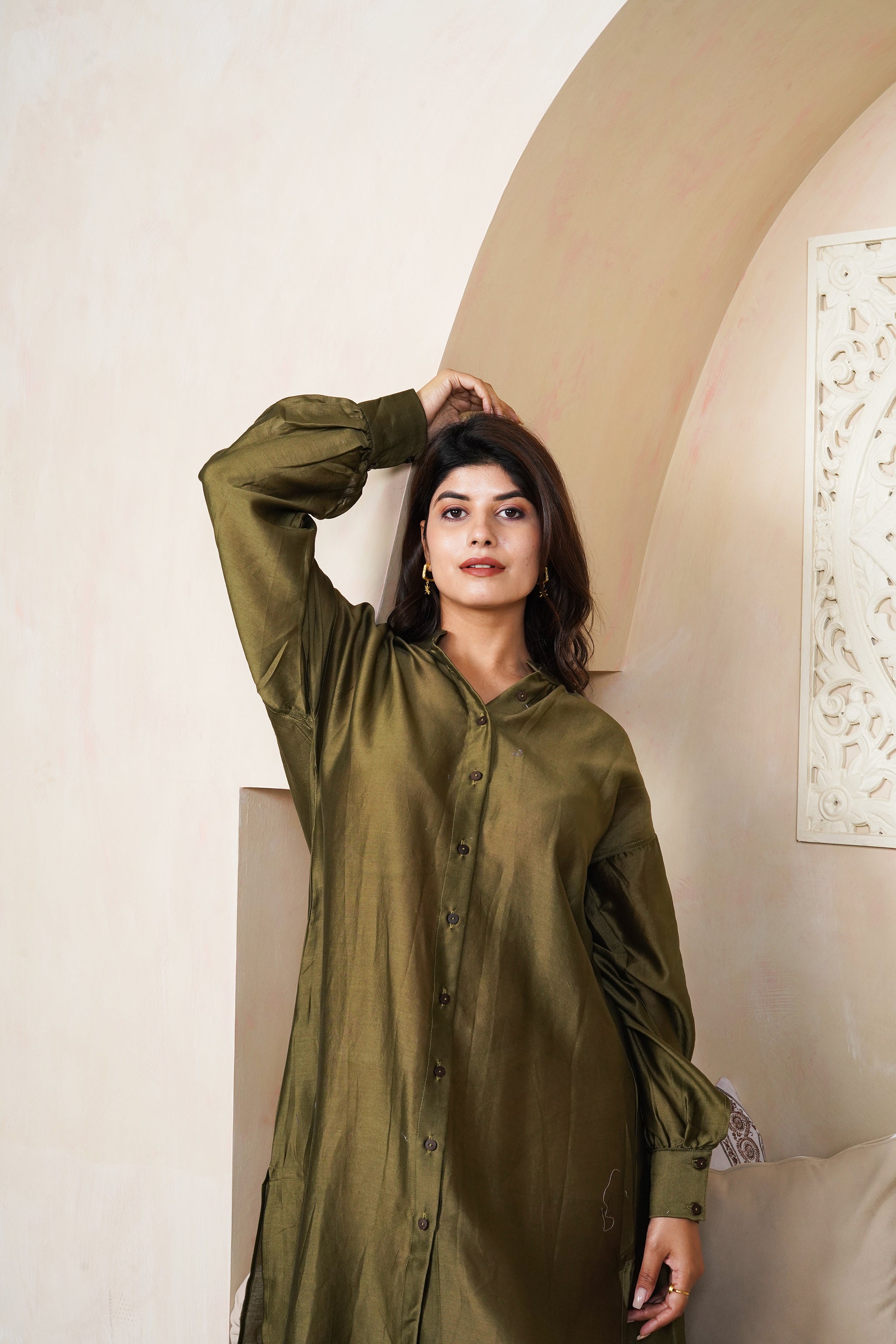 Olive Shirt Dress by Taro India with Imrie at Kamakhyaa for sustainable fashion
