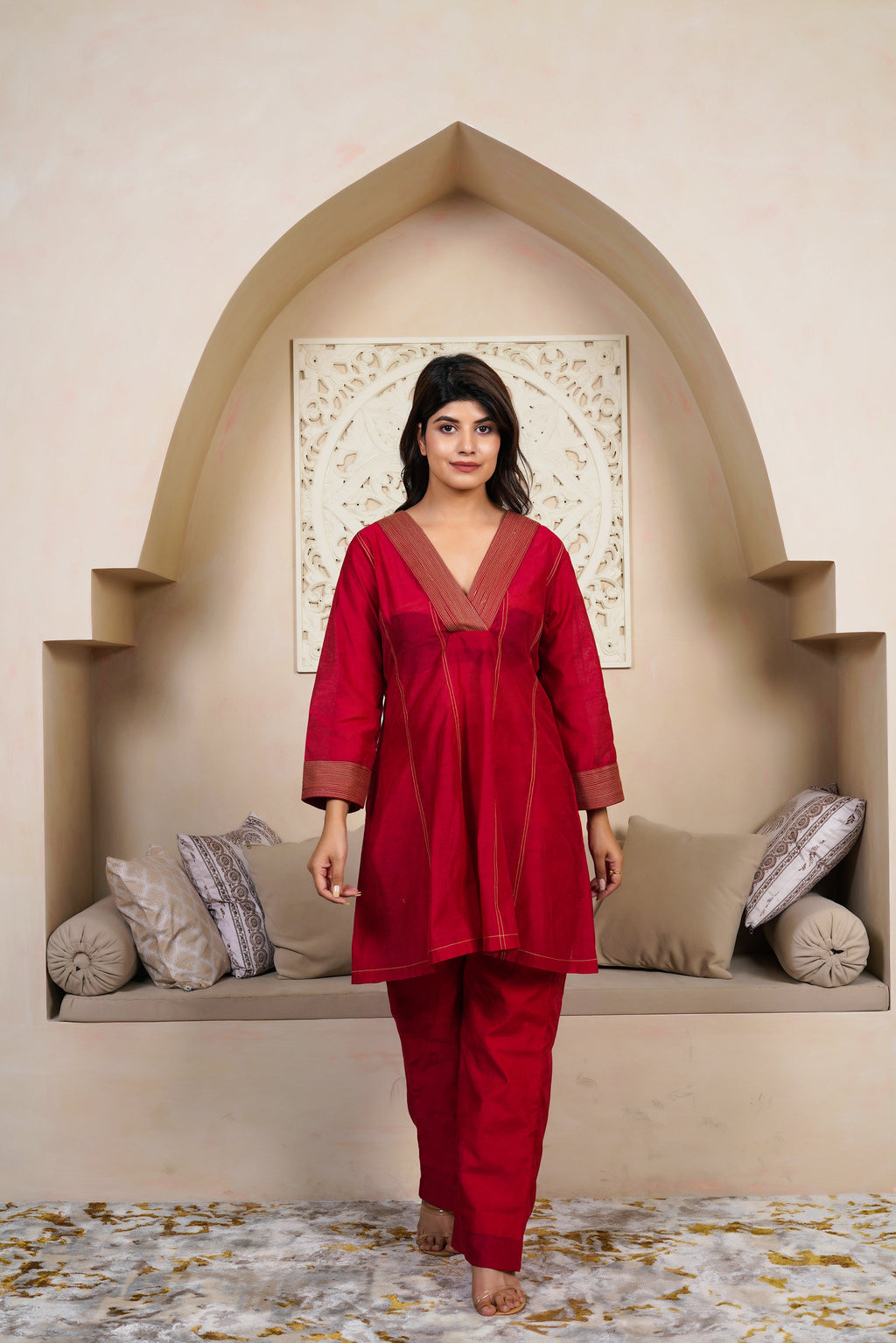 Ruby Red Co-ord Set by Taro India with Imrie at Kamakhyaa for sustainable fashion