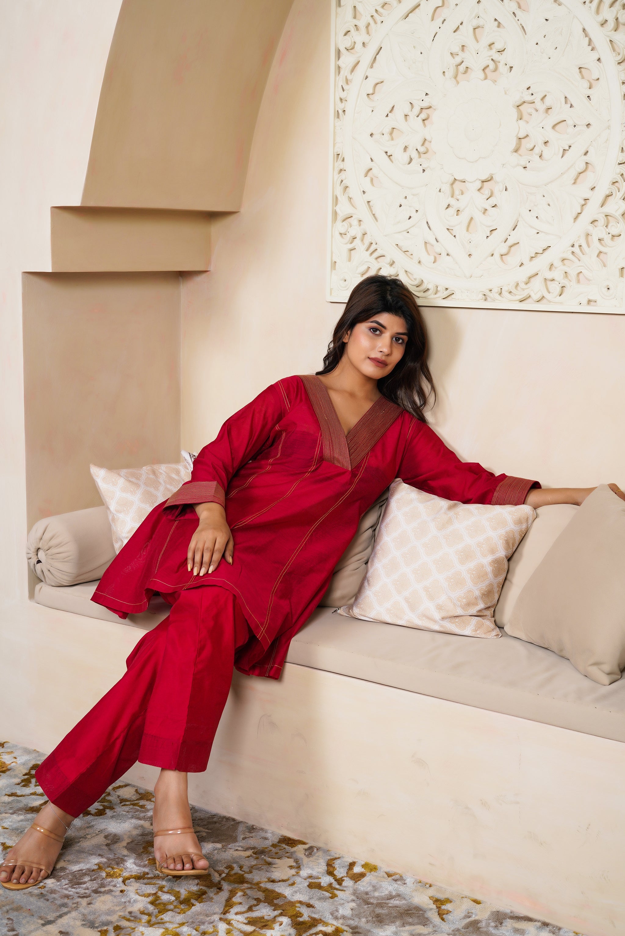 Ruby Red Co-ord Set by Taro India with Imrie at Kamakhyaa for sustainable fashion
