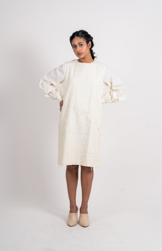 White Textured Midi Dress by Ahmev with Broken Brook by Ahmev, Casual Wear, Handloom Cotton, Highend fashion, July Sale, July Sale 2023, Relaxed Fit, Shirt Dresses, Shirts, Textured, White, Womenswear at Kamakhyaa for sustainable fashion