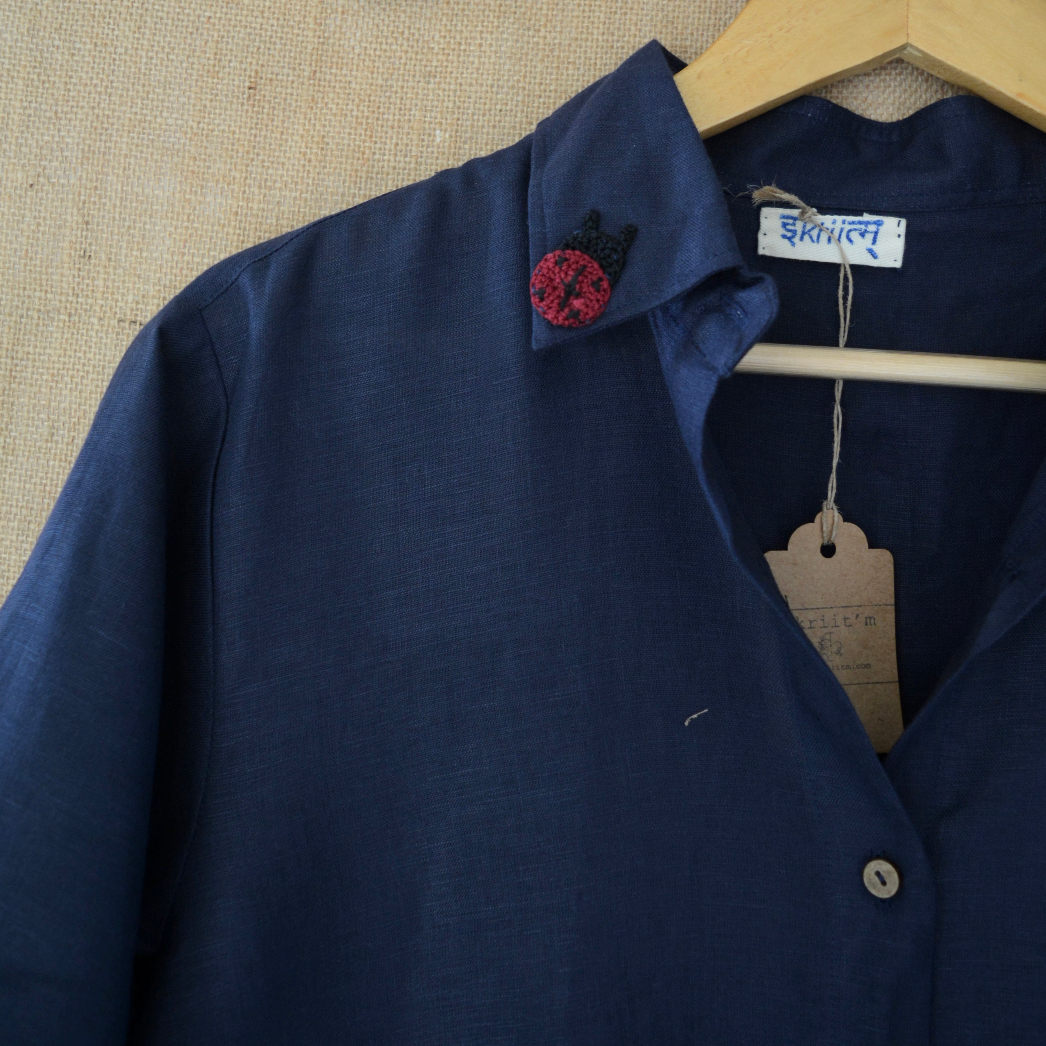 Indigo Ladybug Shirt by Ikriit'm with Linen at Kamakhyaa for sustainable fashion