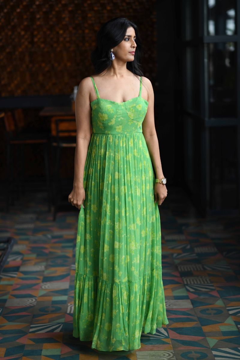 Chiffon Kia Corset Maxi Dress by Ewoke with Chiffon, corset dress, green corset dress, green maxi dress, maxi dress, Nostalgia's Thread by Ewoke, printed dress, summer dress, sustainable fashion at Kamakhyaa for sustainable fashion