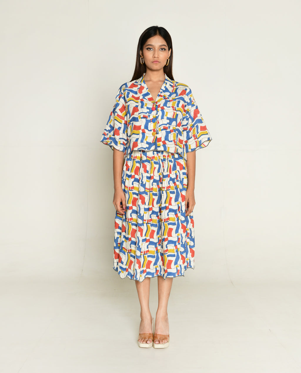Escher Co-Ord Shirt With Skirt by Rias Jaipur with Bhram, Casual Wear, Linen Tencil, Linen Tenssil Regular Fit Casual Multicolor Top skirt sets Bhram, Regular Fit at Kamakhyaa for sustainable fashion
