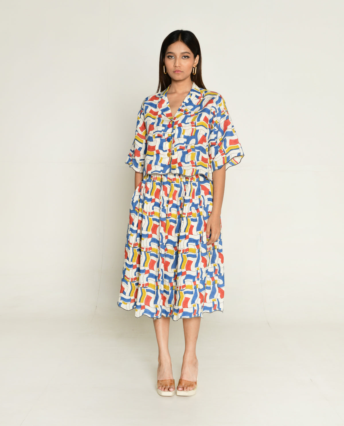 Escher Co-Ord Shirt With Skirt by Rias Jaipur with Bhram, Casual Wear, Linen Tencil, Linen Tenssil Regular Fit Casual Multicolor Top skirt sets Bhram, Regular Fit at Kamakhyaa for sustainable fashion