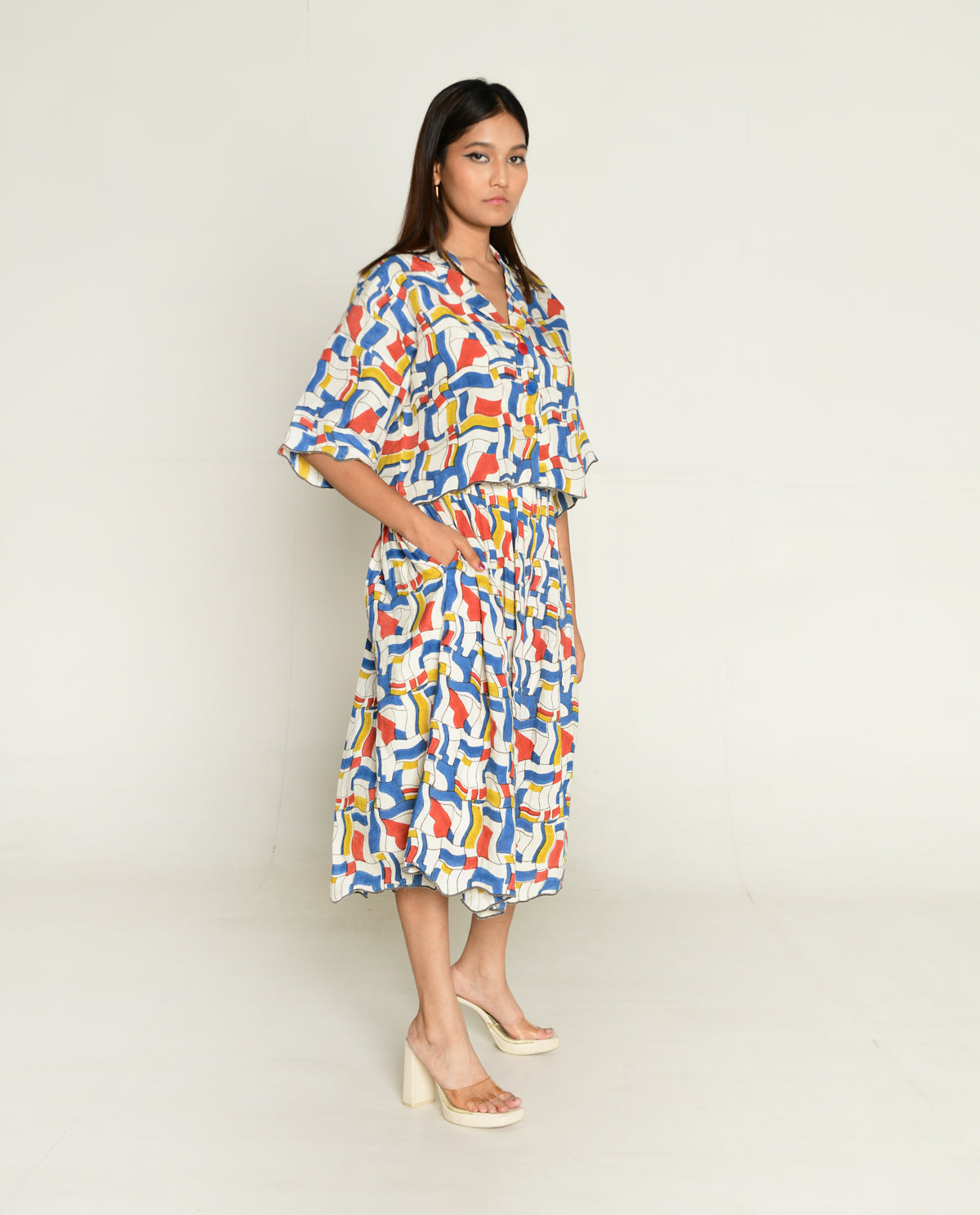 Escher Co-Ord Shirt With Skirt by Rias Jaipur with Bhram, Casual Wear, Linen Tencil, Linen Tenssil Regular Fit Casual Multicolor Top skirt sets Bhram, Regular Fit at Kamakhyaa for sustainable fashion
