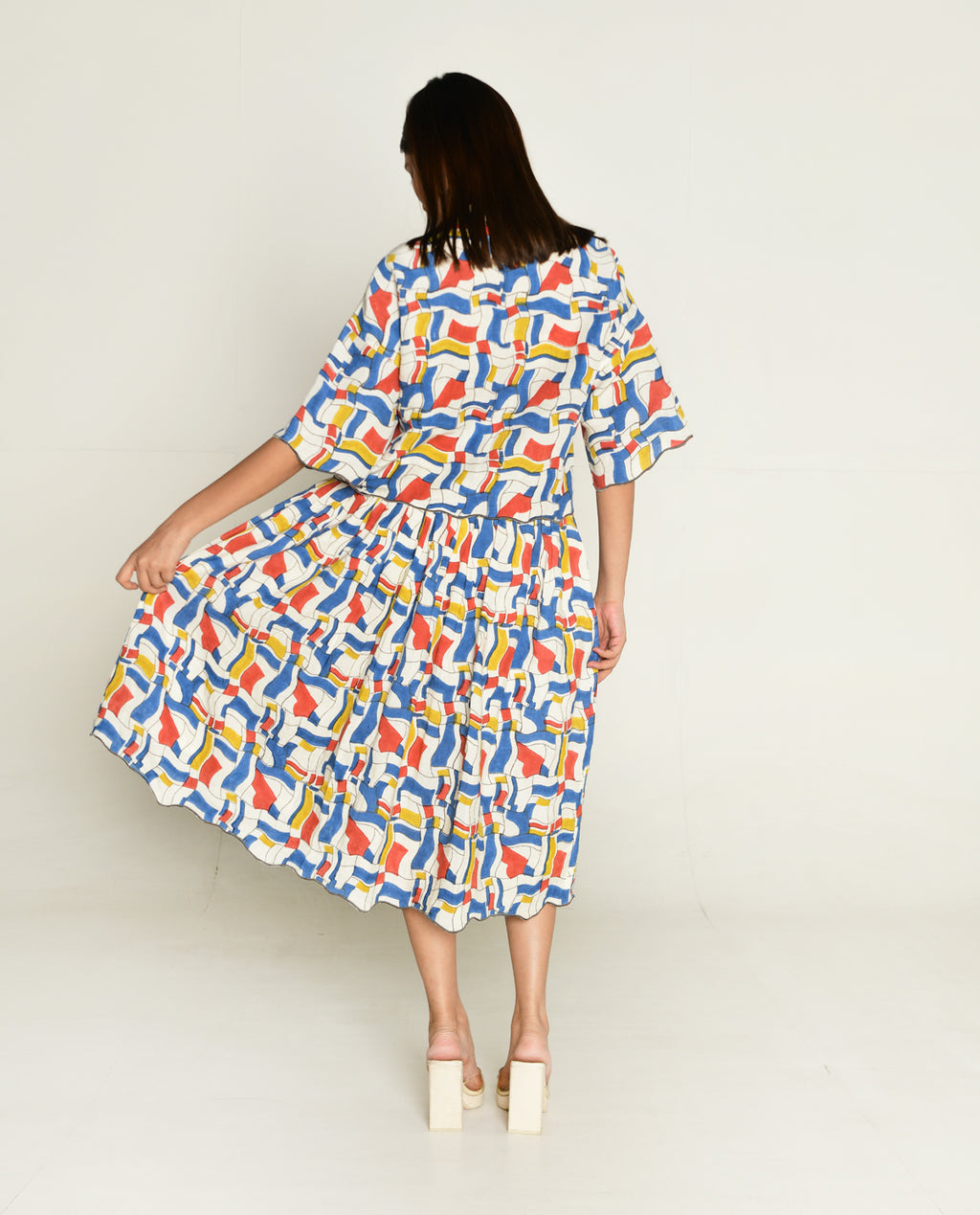 Escher Co-Ord Shirt With Skirt by Rias Jaipur with Bhram, Casual Wear, Linen Tencil, Linen Tenssil Regular Fit Casual Multicolor Top skirt sets Bhram, Regular Fit at Kamakhyaa for sustainable fashion
