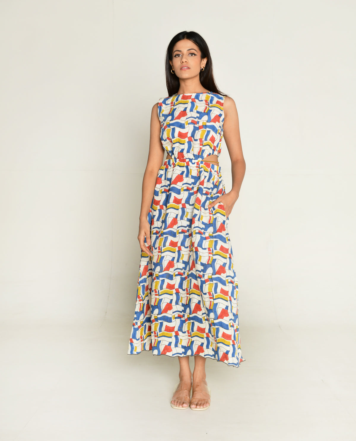 Escher Side Cut Dress by Rias Jaipur with Bhram, Casual Wear, Linen Tencil, Linen Tenssil Regular Fit Casual Multicolor Sleeveless Dresses Bhram, Regular Fit at Kamakhyaa for sustainable fashion
