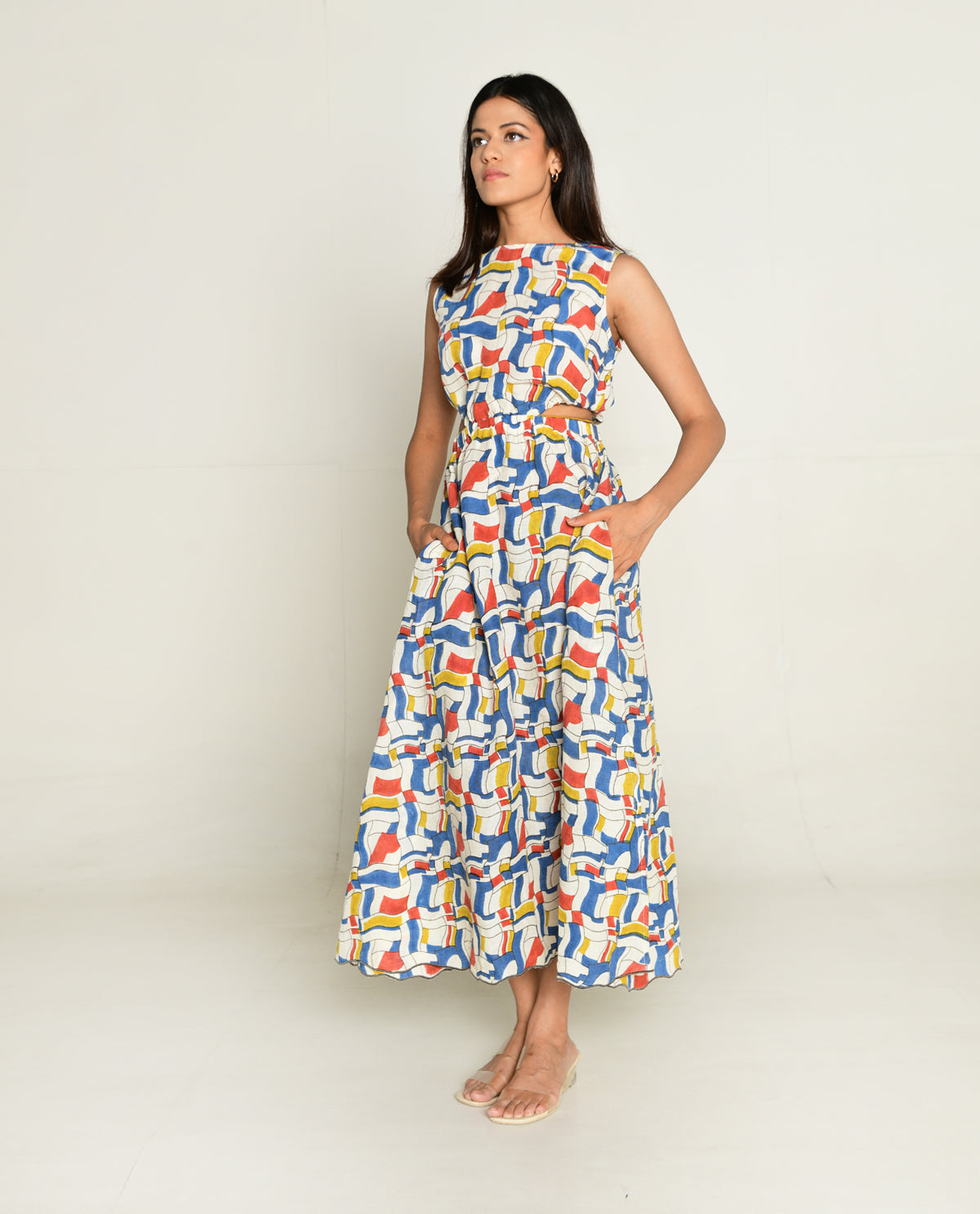 Escher Side Cut Dress by Rias Jaipur with Bhram, Casual Wear, Linen Tencil, Linen Tenssil Regular Fit Casual Multicolor Sleeveless Dresses Bhram, Regular Fit at Kamakhyaa for sustainable fashion