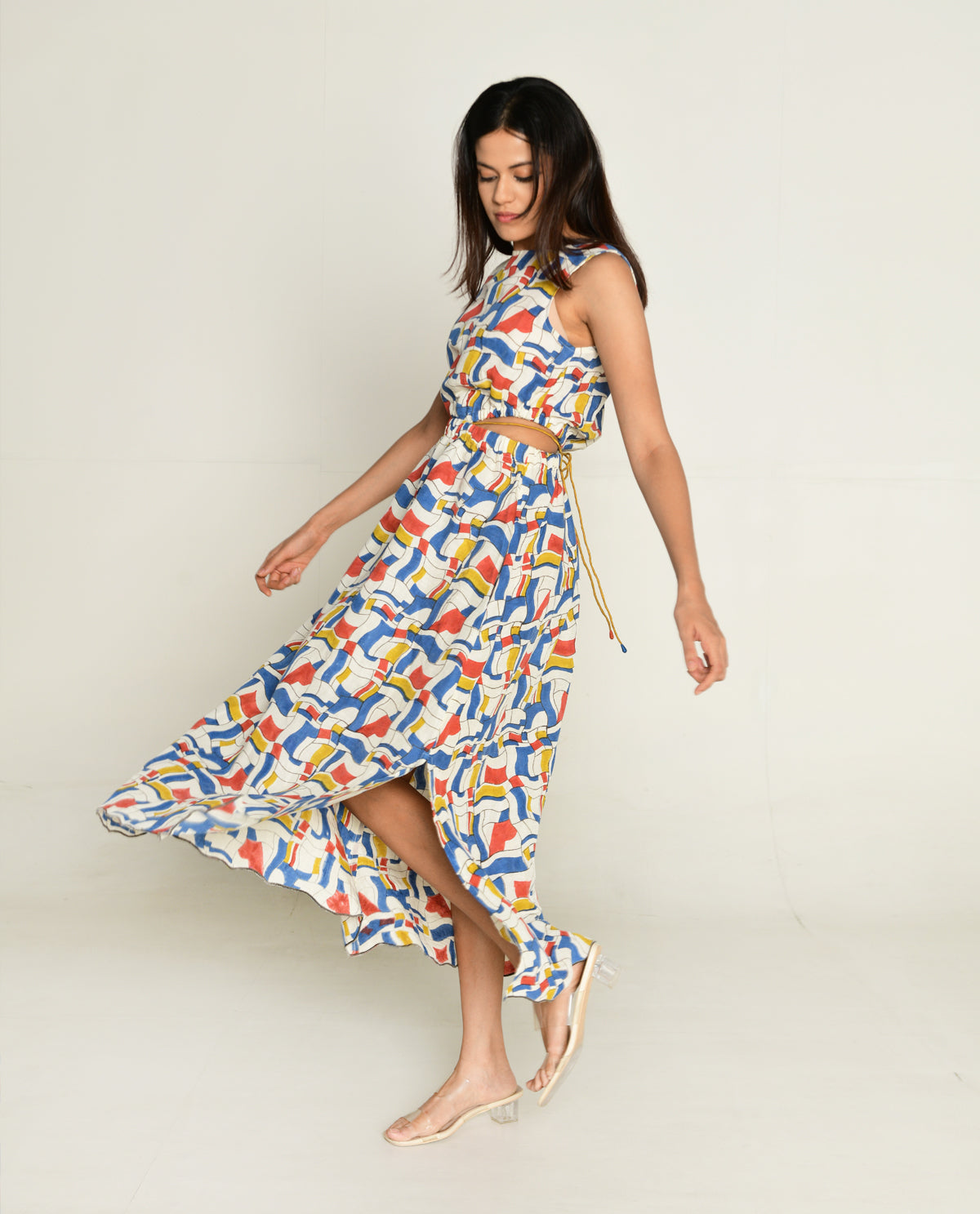 Escher Side Cut Dress by Rias Jaipur with Bhram, Casual Wear, Linen Tencil, Linen Tenssil Regular Fit Casual Multicolor Sleeveless Dresses Bhram, Regular Fit at Kamakhyaa for sustainable fashion