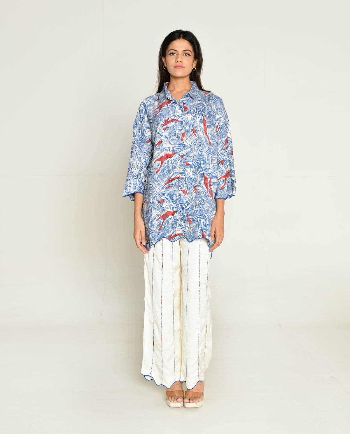 Ponzo Shirt With White Pants by Rias Jaipur with Bhram, Casual Wear, Cotton Bemberg Regular Fit Casual Wear Multicolor Travel Co-ord Sets Bhram at Kamakhyaa for sustainable fashion