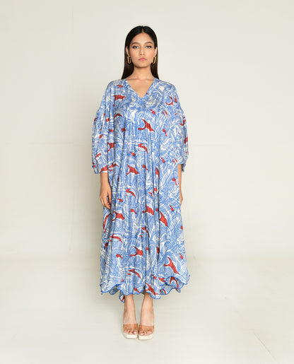 Ponzo Puff Sleeve Dress by Rias Jaipur with Bhram, Casual Wear, Cotton Bemberg Relaxed Fit Casual Wear Multicolor Midi Dresses Bhram at Kamakhyaa for sustainable fashion