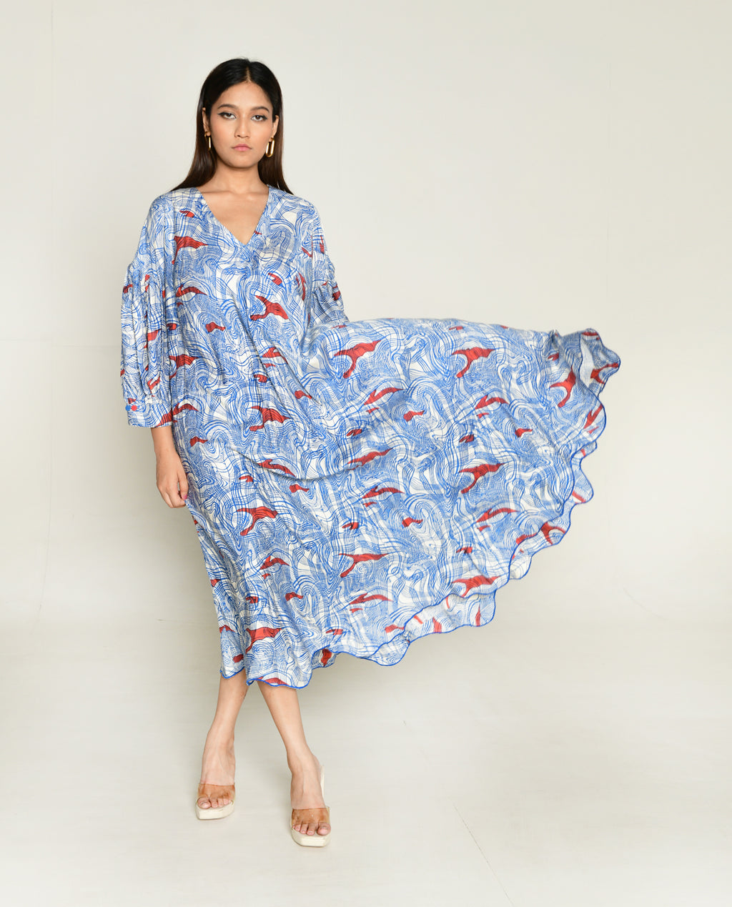 Ponzo Puff Sleeve Dress by Rias Jaipur with Bhram, Casual Wear, Cotton Bemberg Relaxed Fit Casual Wear Multicolor Midi Dresses Bhram at Kamakhyaa for sustainable fashion