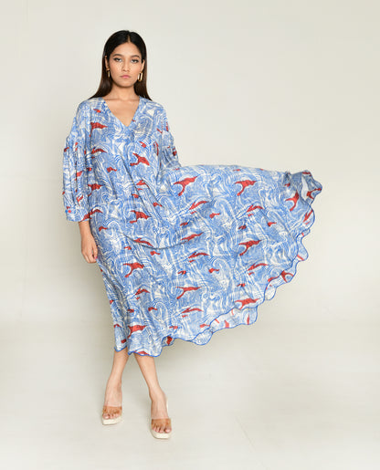 Ponzo Puff Sleeve Dress by Rias Jaipur with Bhram, Casual Wear, Cotton Bemberg Relaxed Fit Casual Wear Multicolor Midi Dresses Bhram at Kamakhyaa for sustainable fashion